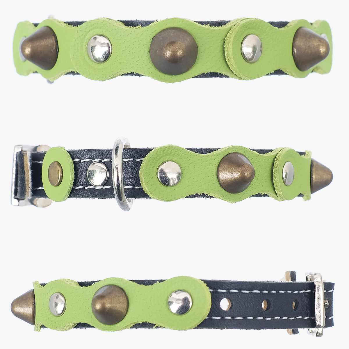 Superpipapo Green Luxury Leather Cat Collar, In Black With Studs, Spikes & Patches | at Made Moggie
