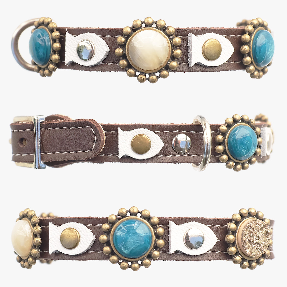 Superpipapo Brown Leather Luxury Cat Collar, With Ornaments & Fish Patches | at Made Moggie