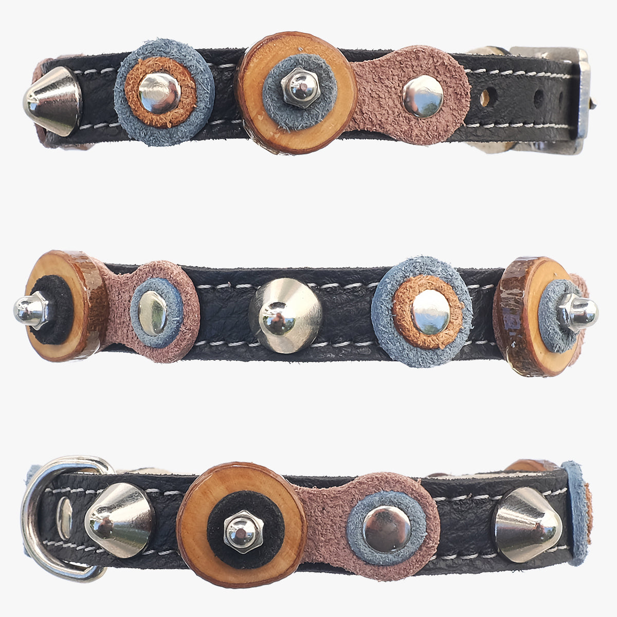 Superpipapo Black Leather Cat Collar Australia, With Studs & Wood Discs | at Made Moggie