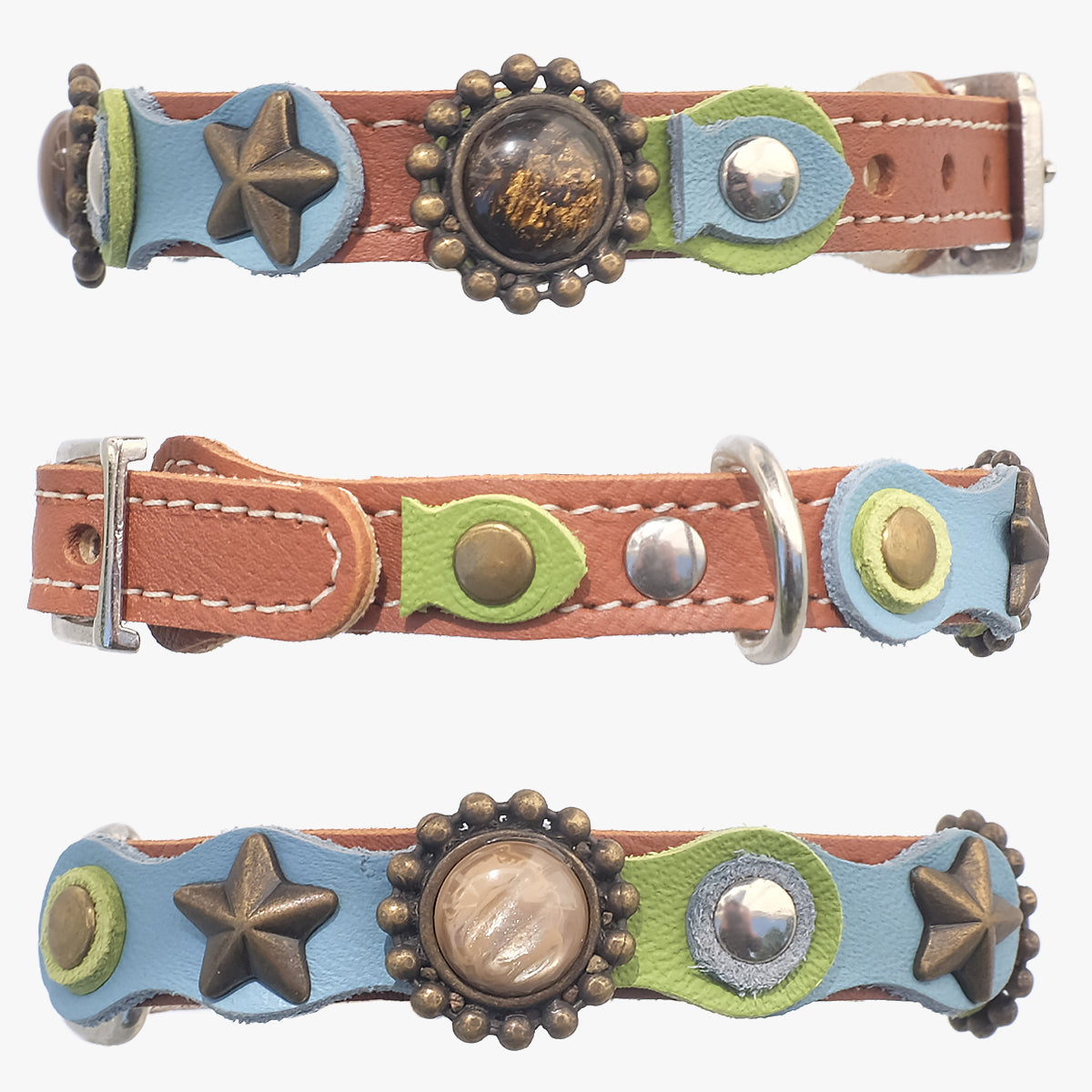 Superpipapo Luxury Leather Cat Collar, In Brown & Blue With Studs, Stars & Handmade Ornaments | at Made Moggie