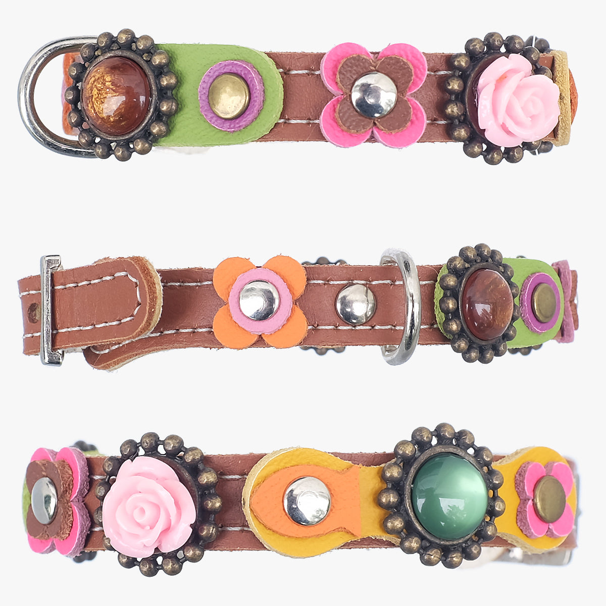 Superpipapo Boho Leather Cat Collar, In Brown With Stones, 3D Roses, & Flower Patches | at Made Moggie