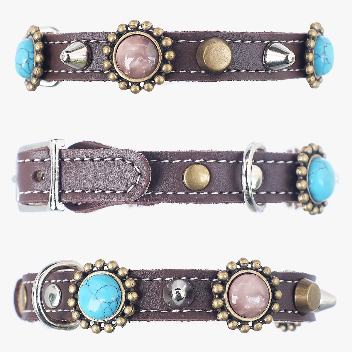 Superpipapo Luxury Leather Cat Collar, With Studs, Spikes, & Earth Stones | at Made Moggie