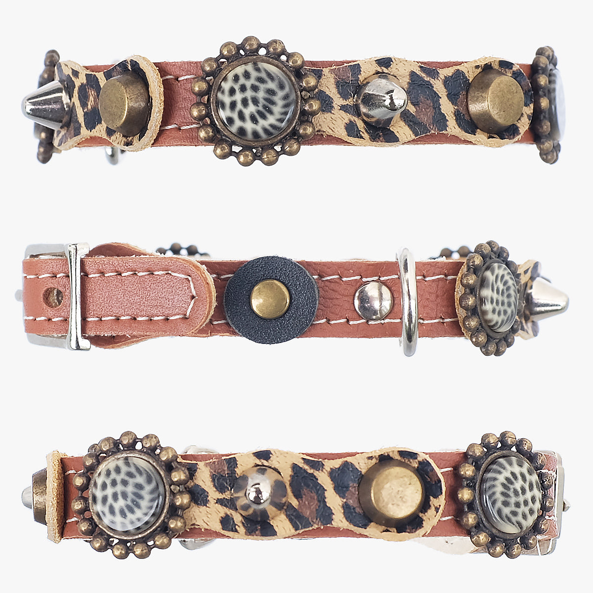Superpipapo Luxury Leather Cat Collar, With Studs, Spikes, Ornaments, & Leopard-Print Patches | at Made Moggie