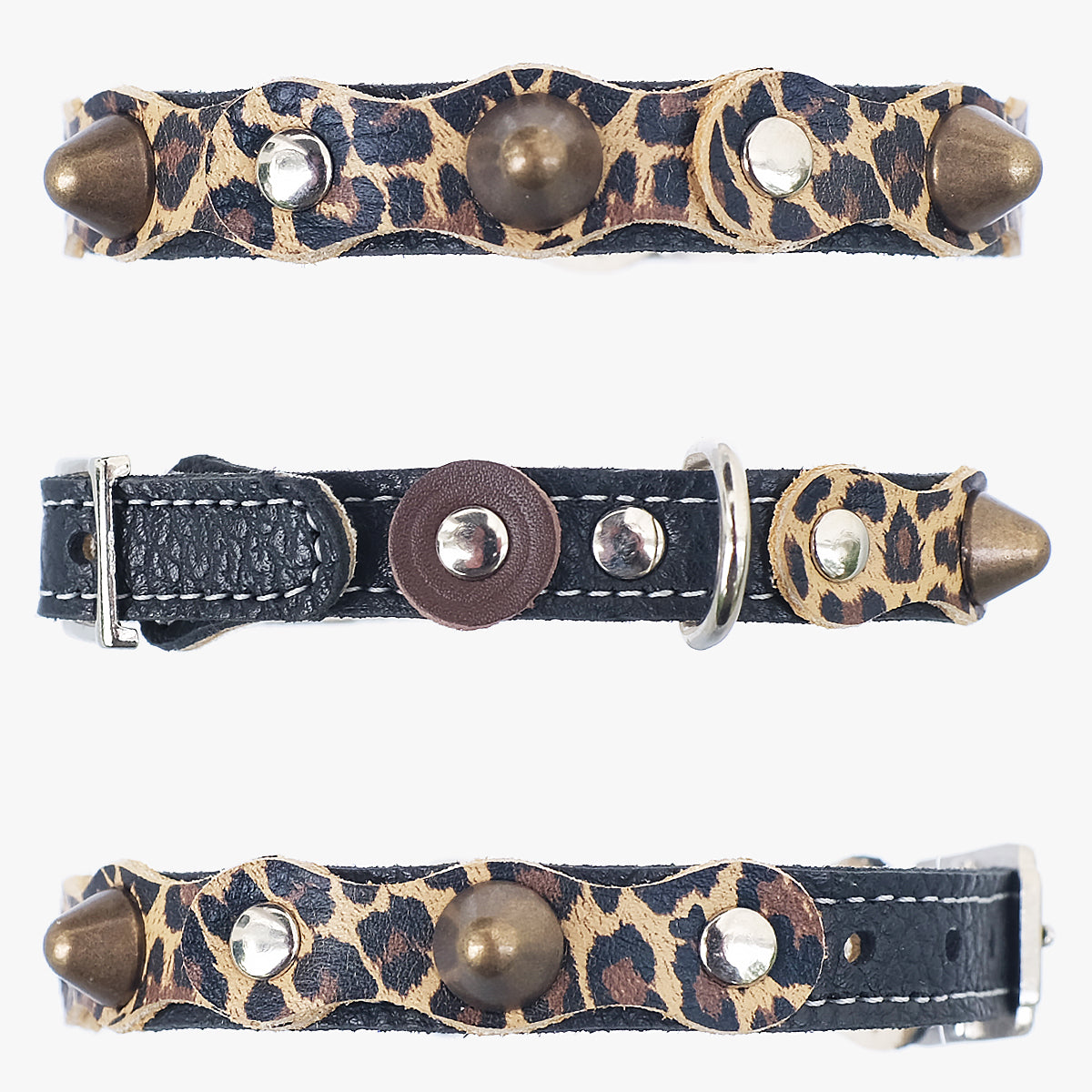 Superpipapo Safety Elastic Cat Collar, In Black Leather With Studs, Spikes & Leopard-Print Patches | at Made Moggie