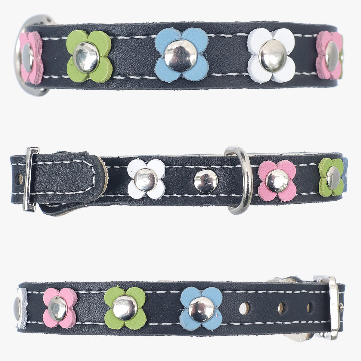 Superpipapo Luxury Leather Cat Collar, In Black With Studs, & Pastel Daisy Flower Patches | at Made Moggie