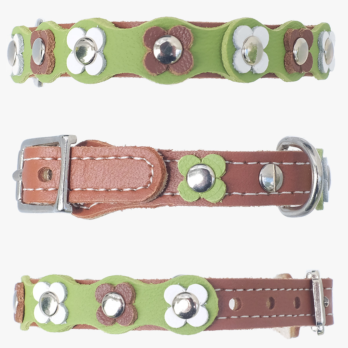 Superpipapo Luxury Leather Cat Collar, In Green & Brown With Studs, & Daisy Flower Patches | at Made Moggie