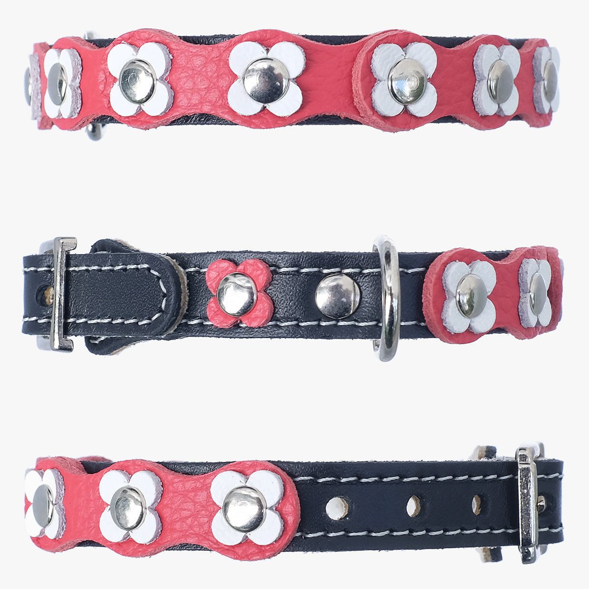 Superpipapo Luxury Leather Cat Collar, In Red & Black With Studs, & White Daisy Flower Patches | at Made Moggie
