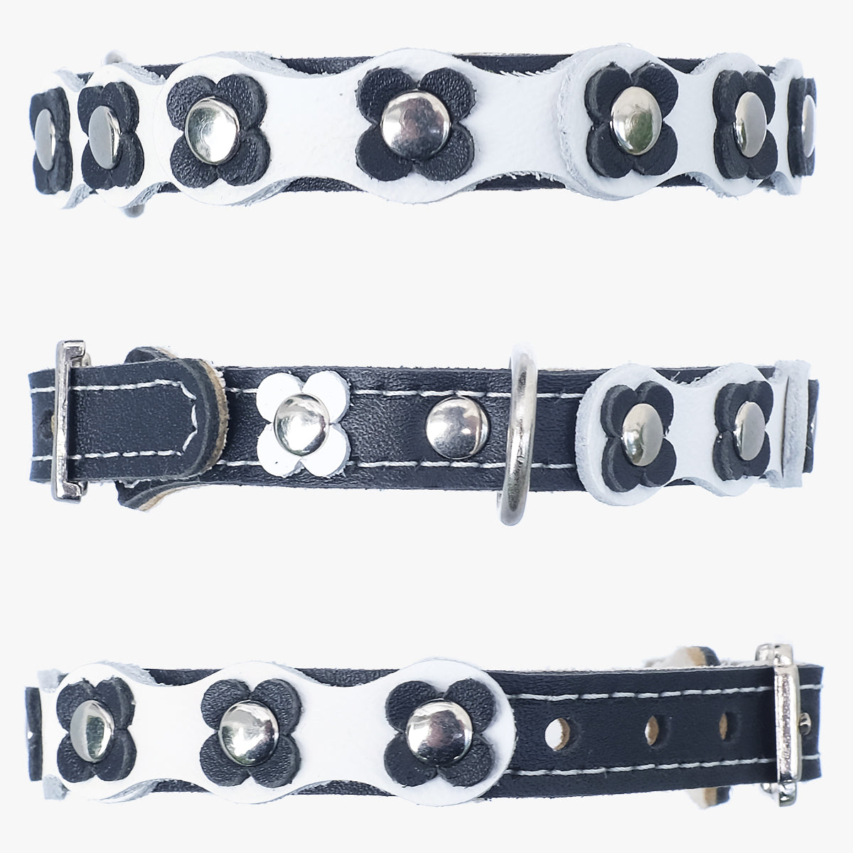 Superpipapo Luxury Leather Cat Collar, In Black & White With Studs, & Daisy Flower Patches | at Made Moggie