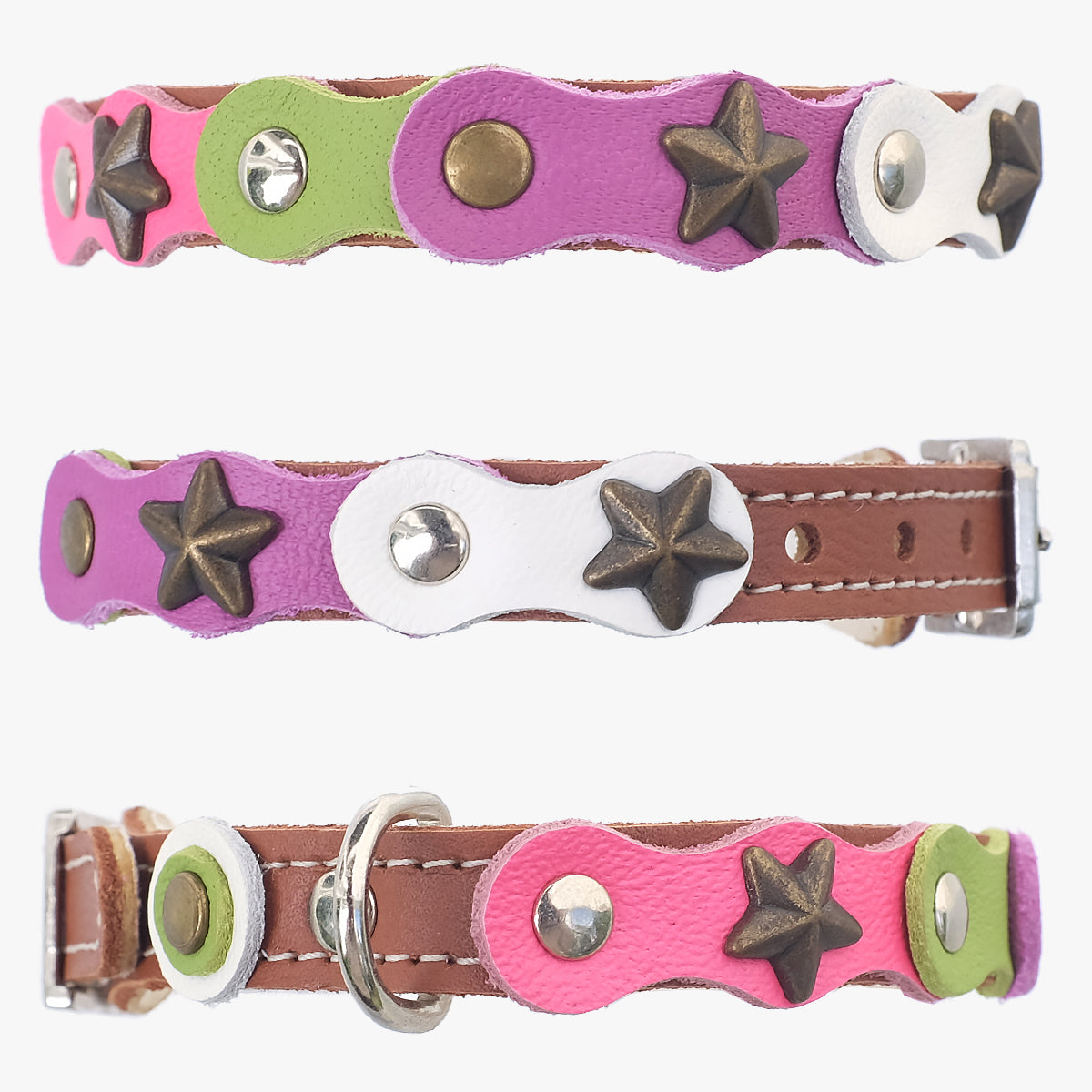Superpipapo Luxury Leather Cat Collar, In Brown With Stars, Studs, & Fluro Colour Patches | at Made Moggie
