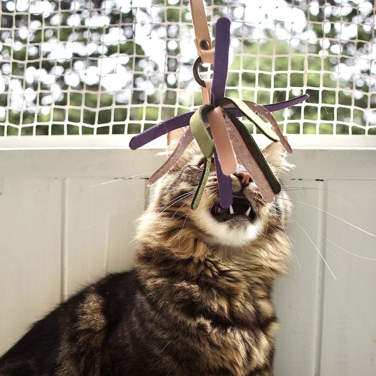 Nominoo Fringe Cat Toy, Handmade With Colourful Leather Strips | at Made Moggie