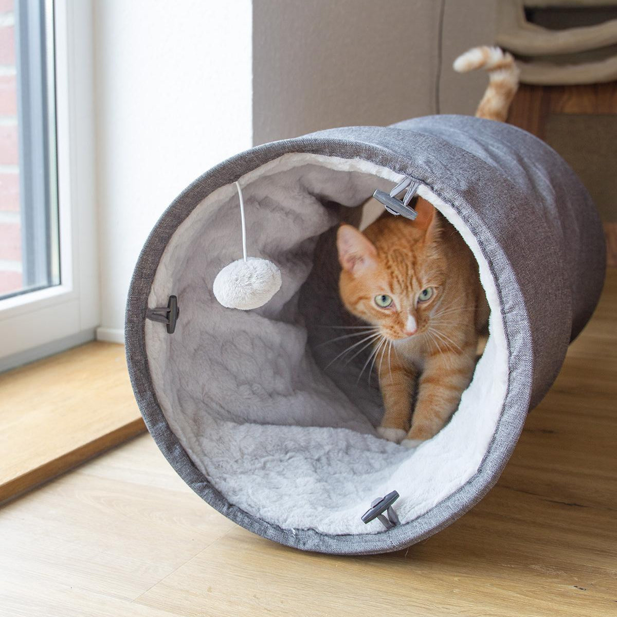 CanadianCat Luxury Cat Tunnel, In Grey Fabric With Plush Fabric Inner | at Made Moggie