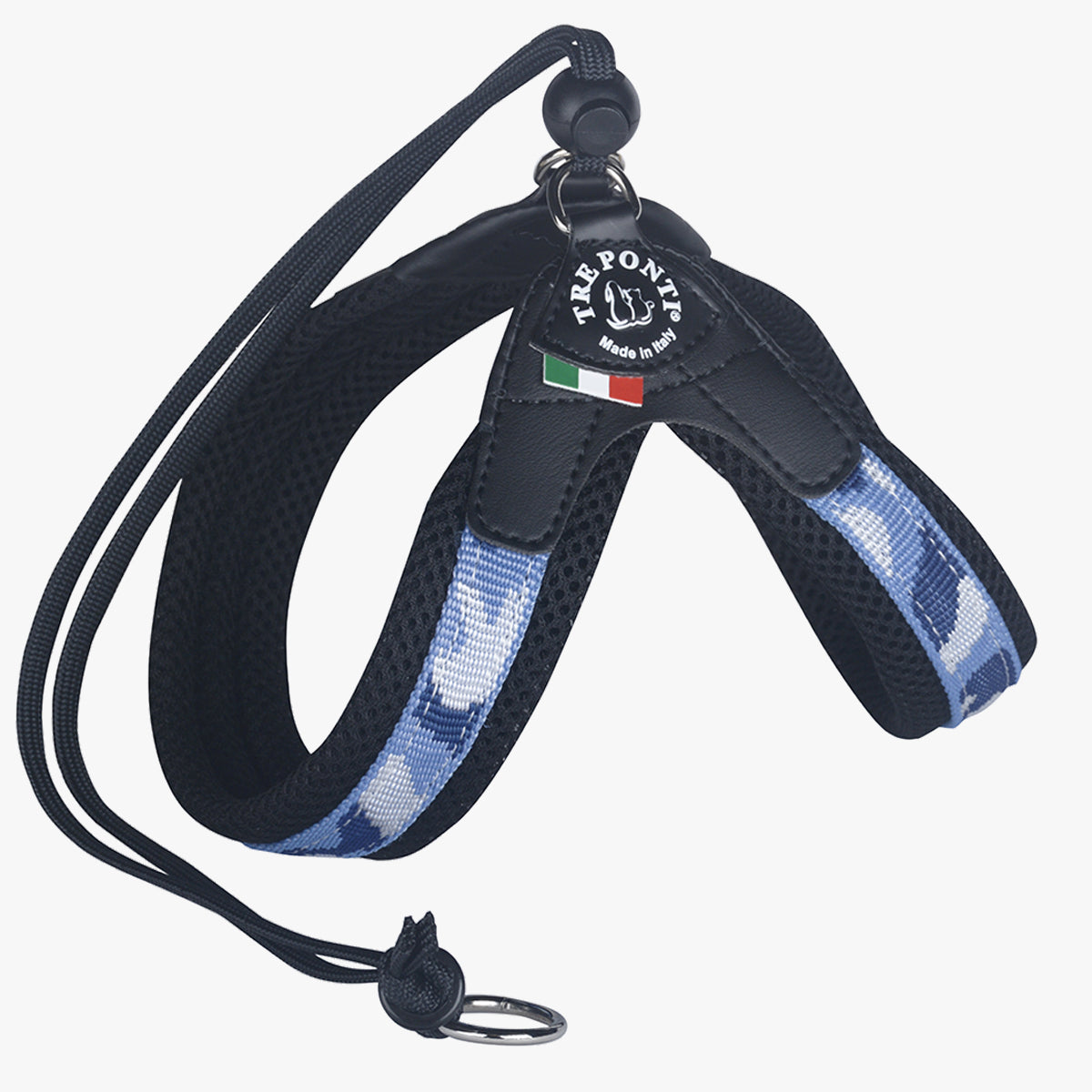 Tre Ponti Adjustable Cat & Kitten Harness, In Blue Penny Pattern & Black Mesh Fabric | at Made Moggie