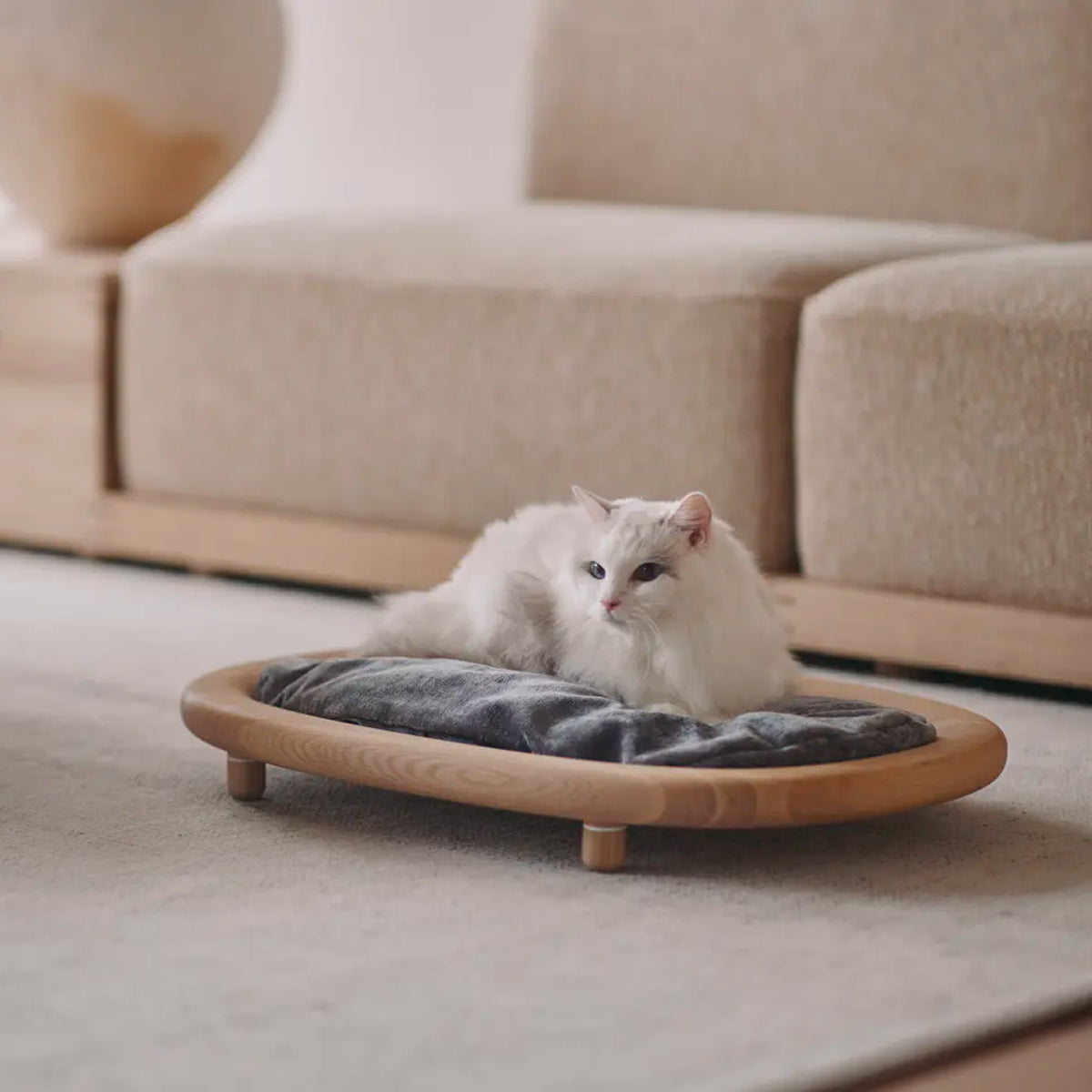 Karimoku Cat Luxury Cat Bed, With Solid Wood Frame & Dark Grey Cushion | at Made Moggie