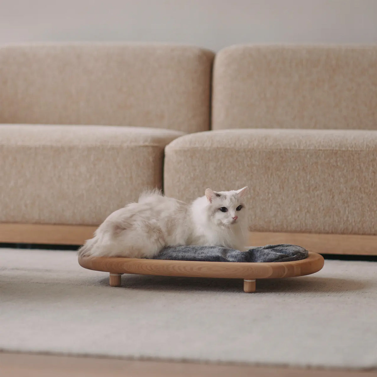 Karimoku Cat Luxury Cat Bed, With Solid Wood Frame & Dark Grey Cushion | at Made Moggie