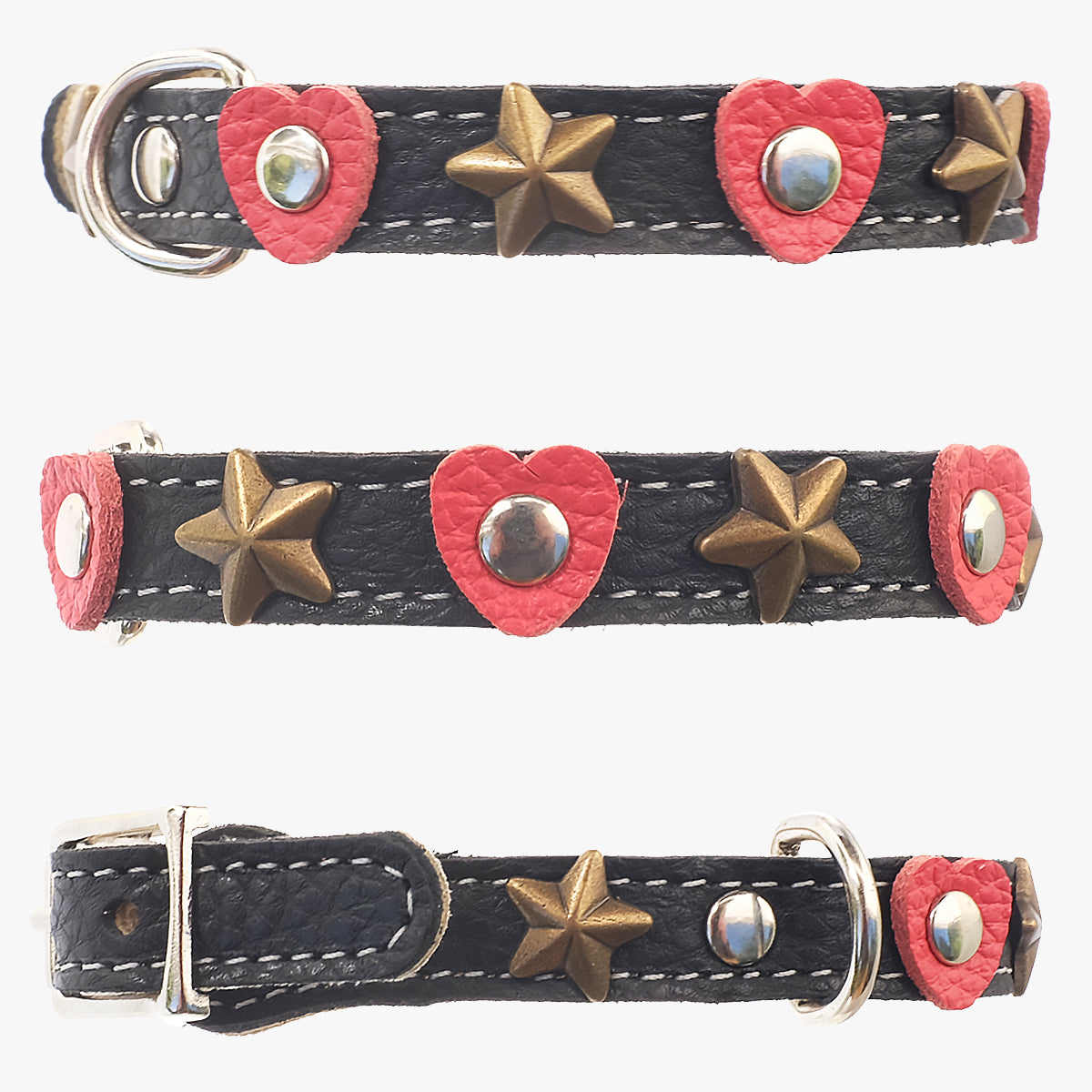 Superpipapo Black Luxury Leather Cat Collar, With Stars, & Red Hearts | at Made Moggie