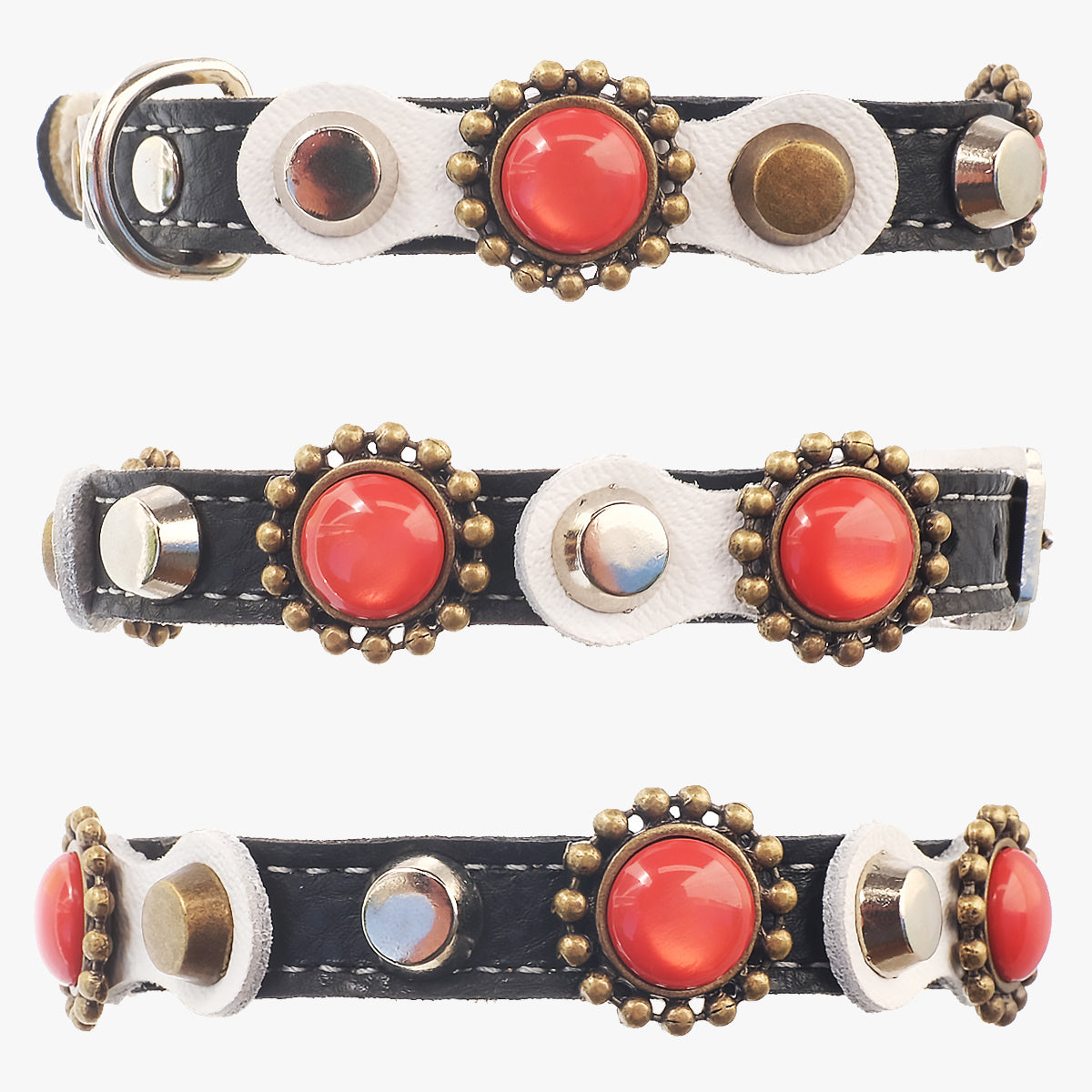 Superpipapo Black Luxury Leather Cat Collar, With Studs, Red Stones & White Patches | at Made Moggie