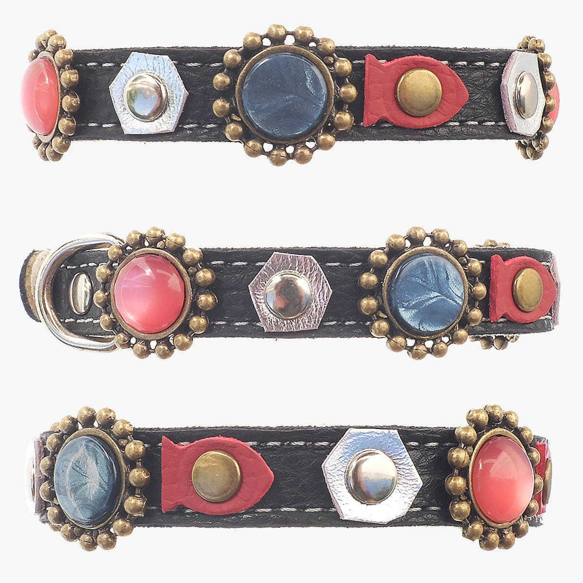 Superpipapo Black Luxury Leather Cat Collar, With Studs, Stones & Silver Patches | at Made Moggie