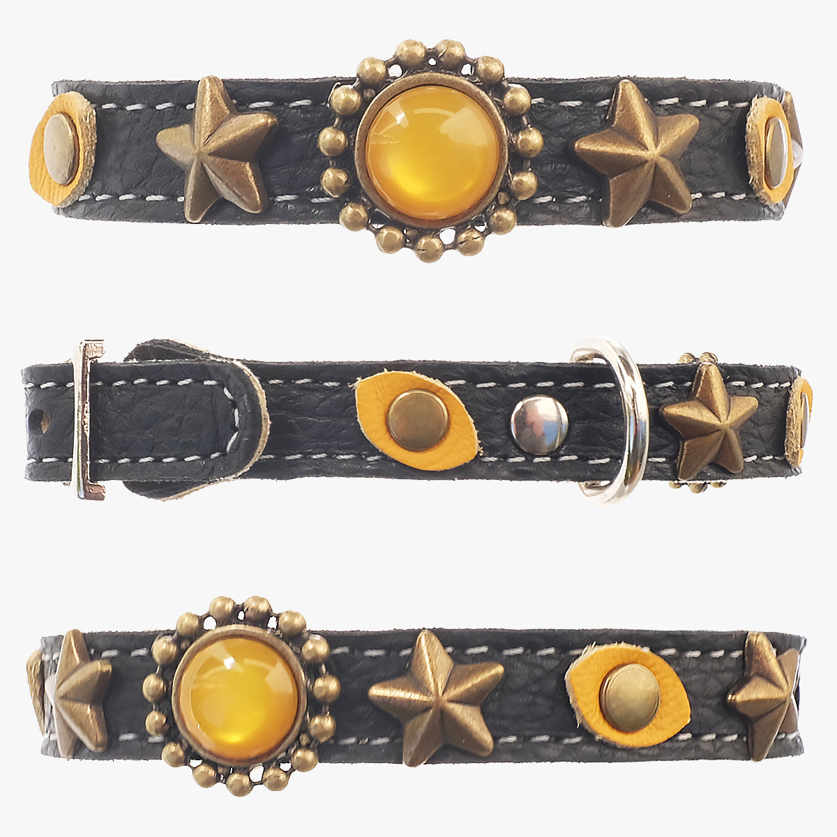Superpipapo Black Leather Cat Collar, With Stars, Yellow Stones & Cats-Eyes Patches | at Made Moggie