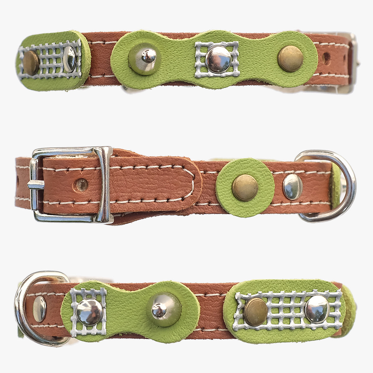 Superpipapo Green Luxury Leather Cat Collar, In Brown With Studs, Spikes & Retro Green Patches | at Made Moggie