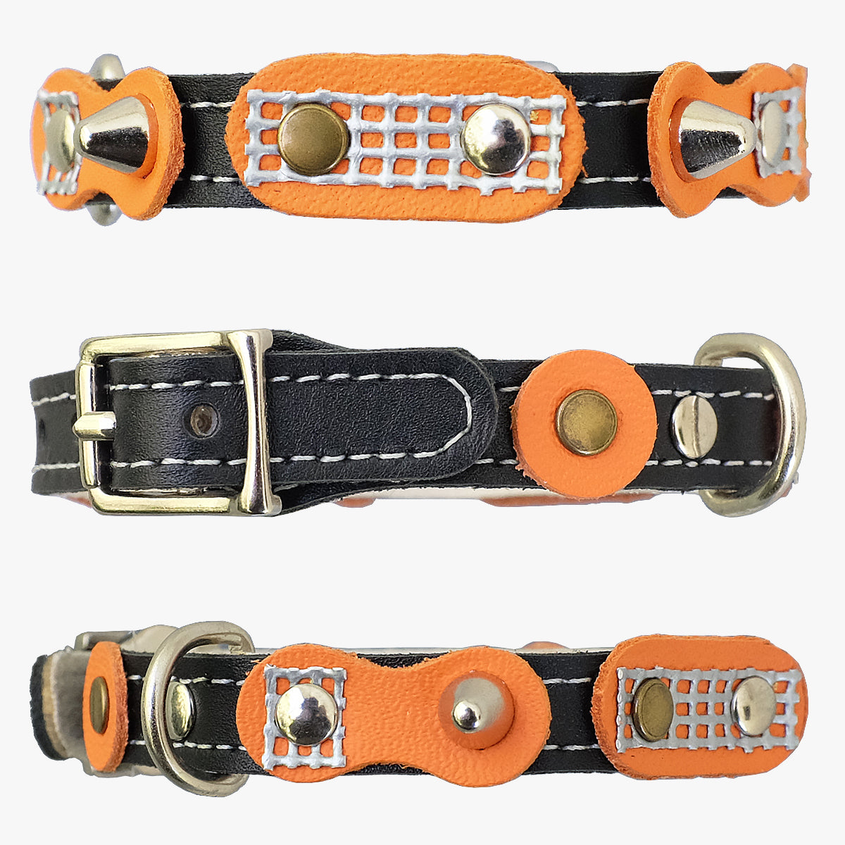 Superpipapo Orange Luxury Leather Cat Collar, In Black With Studs, Spikes & Retro Orange Patches | at Made Moggie