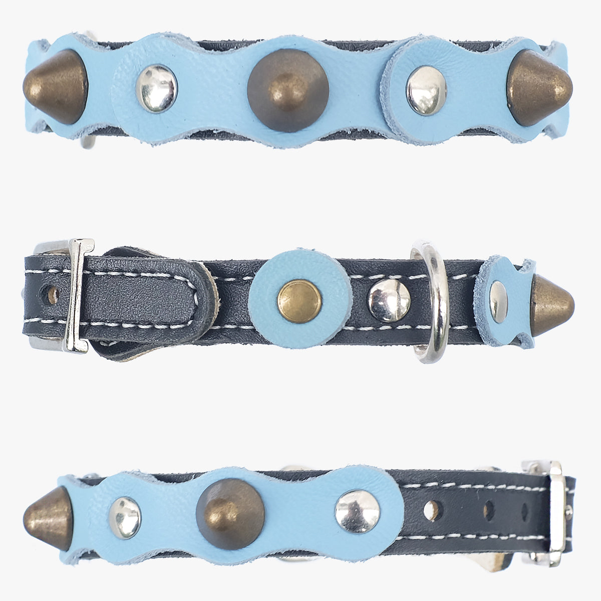 Superpipapo Blue Luxury Leather Cat Collar, In Black With Studs, Spikes & Patches | at Made Moggie