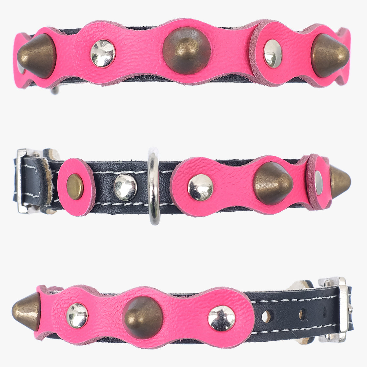 Superpipapo Hot Pink Luxury Leather Cat Collar, In Black With Studs, Spikes & Patches | at Made Moggie