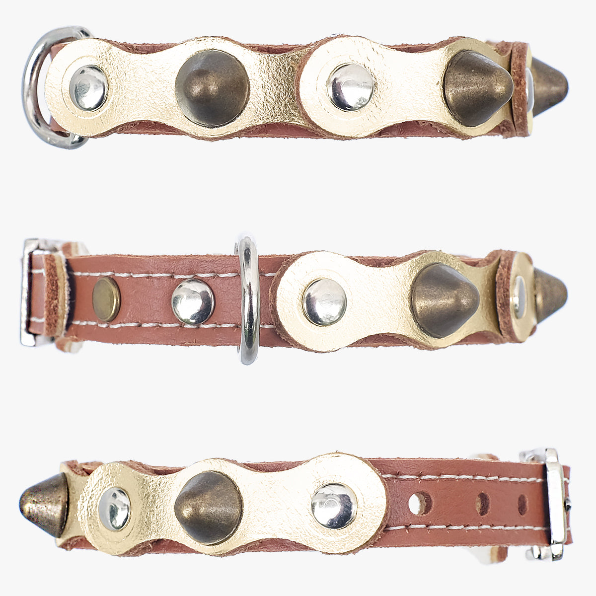 Superpipapo Gold Luxury Leather Cat Collar, In Brown With Studs, Spikes & Patches | at Made Moggie