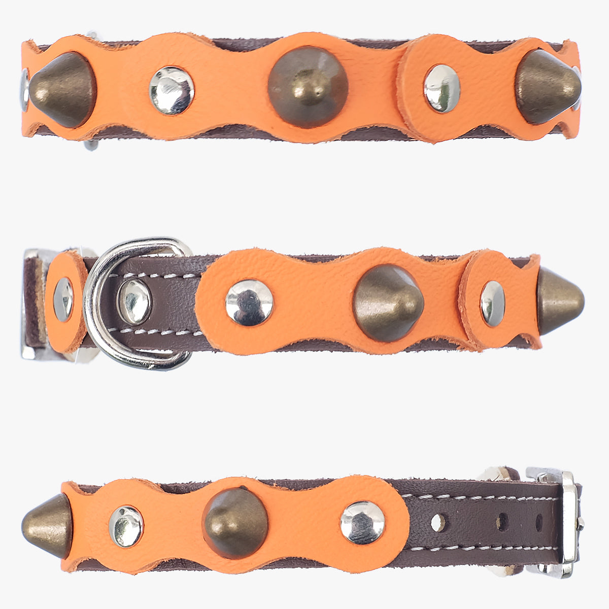 Superpipapo Orange Luxury Leather Cat Collar, In Brown With Studs, Spikes & Patches | at Made Moggie