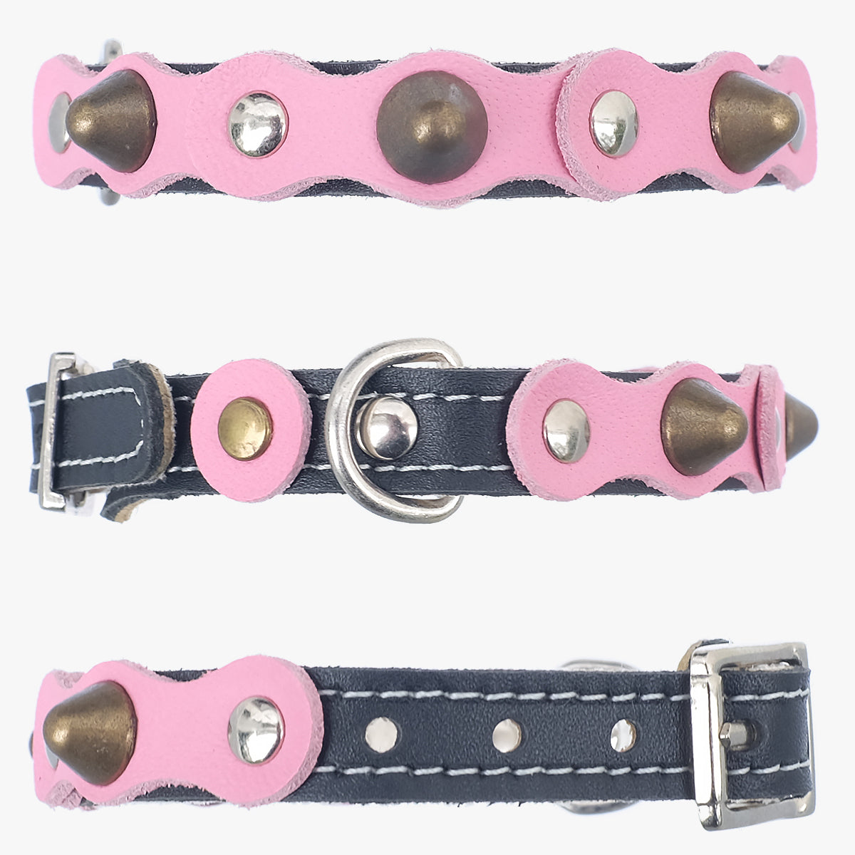 Superpipapo Pink Luxury Leather Cat Collar, In Black With Studs, Spikes & Patches | at Made Moggie
