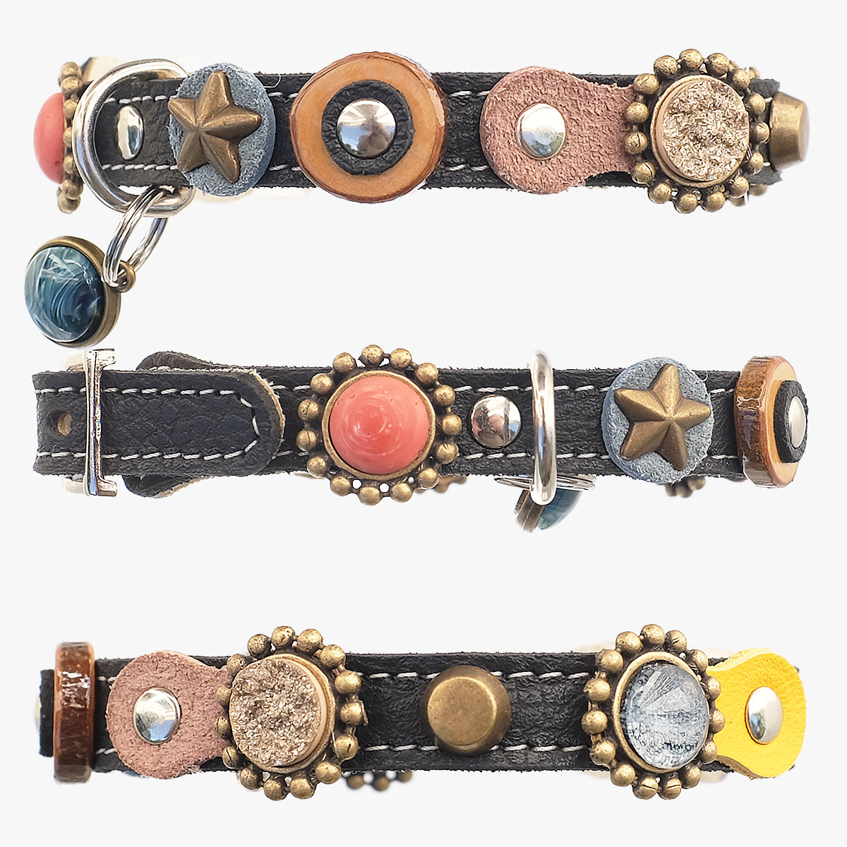 Superpipapo Black Leather Luxury Cat Collar, With Stars, Ornaments, Wood Discs & Patches | at Made Moggie