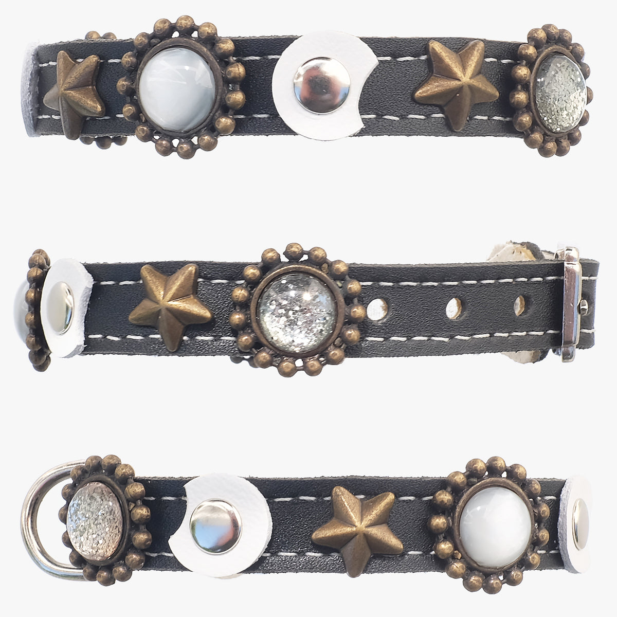 Superpipapo Handmade Leather Cat Collar, In Black & White With Studs, Stars, Stones & Ornaments | at Made Moggie