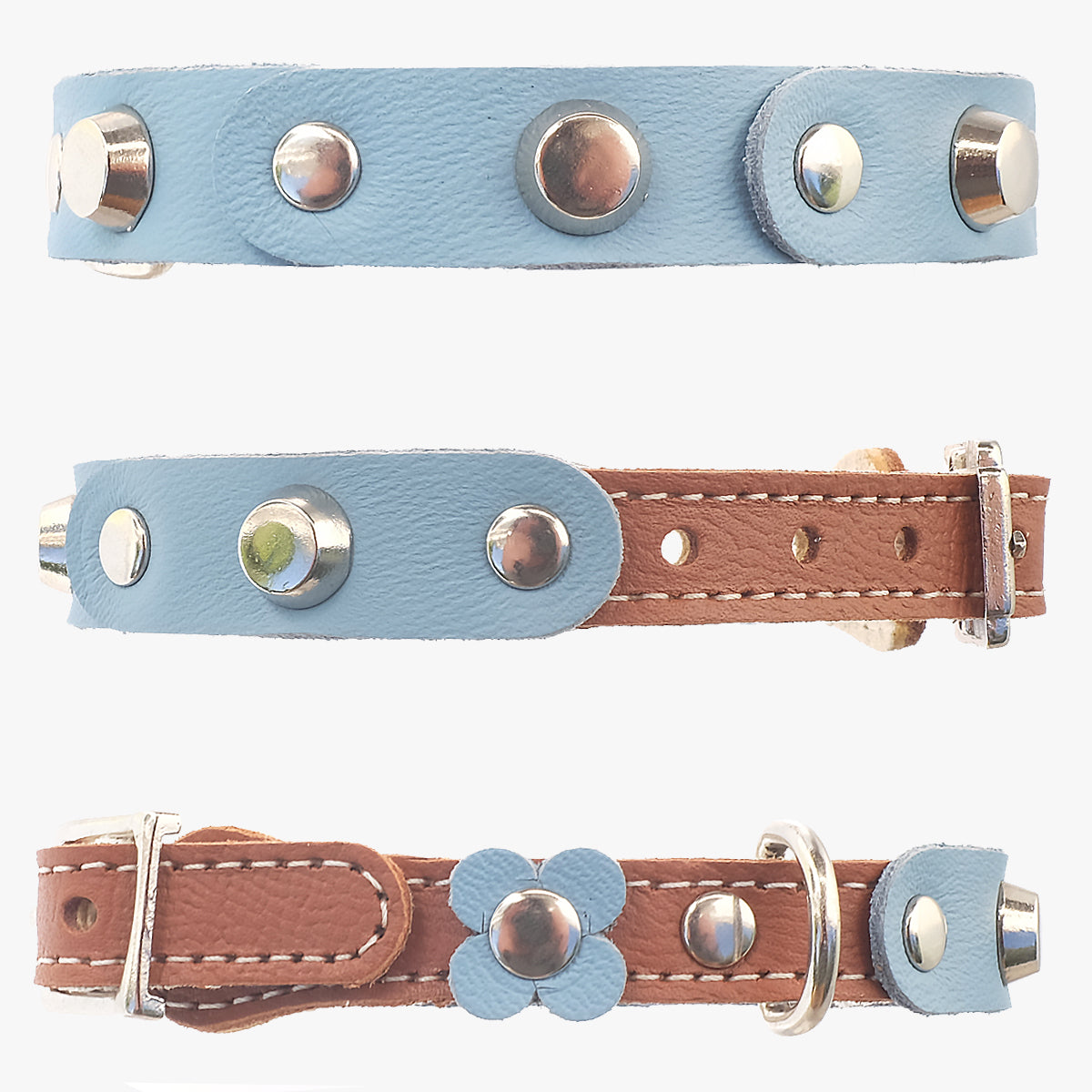 Superpipapo Baby-Blue Studded Luxury Leather Cat Collar, With Brown Base | at Made Moggie