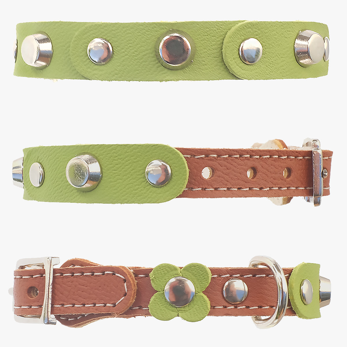 Superpipapo Green Studded Luxury Leather Cat Collar, With Brown Base | at Made Moggie