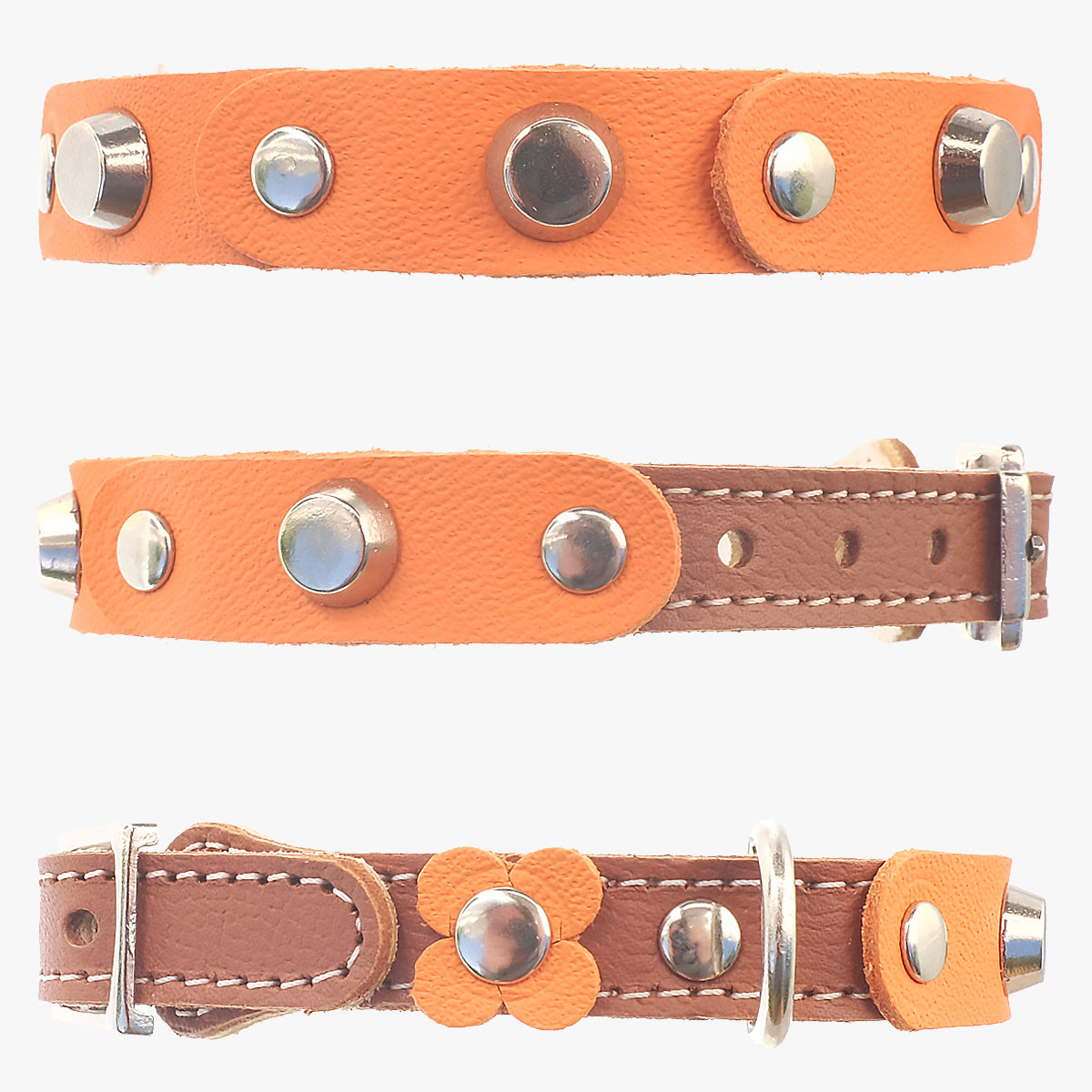 Superpipapo Orange Studded Luxury Leather Cat Collar, With Brown Base | at Made Moggie