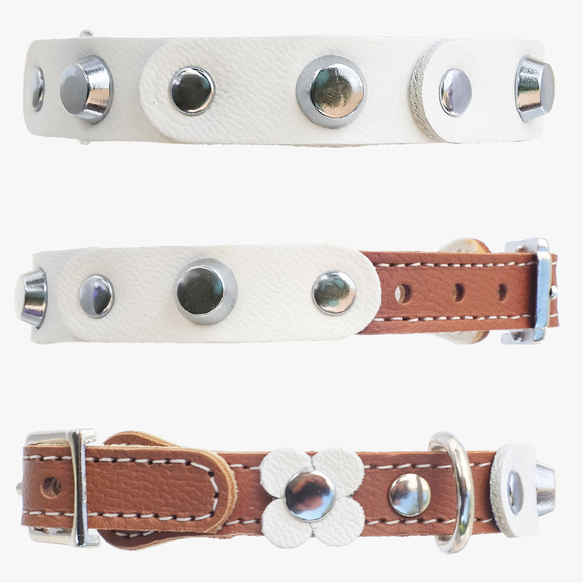 Superpipapo White Studded Luxury Leather Cat Collar, With Brown Base | at Made Moggie