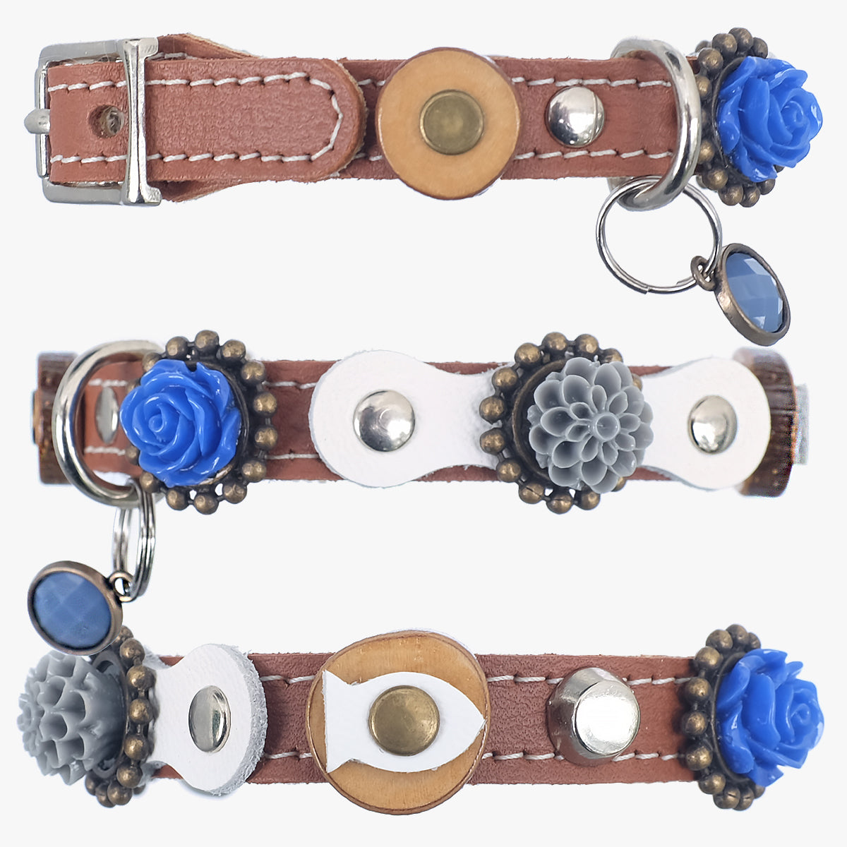 Superpipapo Luxury Leather Cat Collar, In Brown With Studs, Wood Disc, Charm, & 3D Roses In Blue & Grey | at Made Moggie