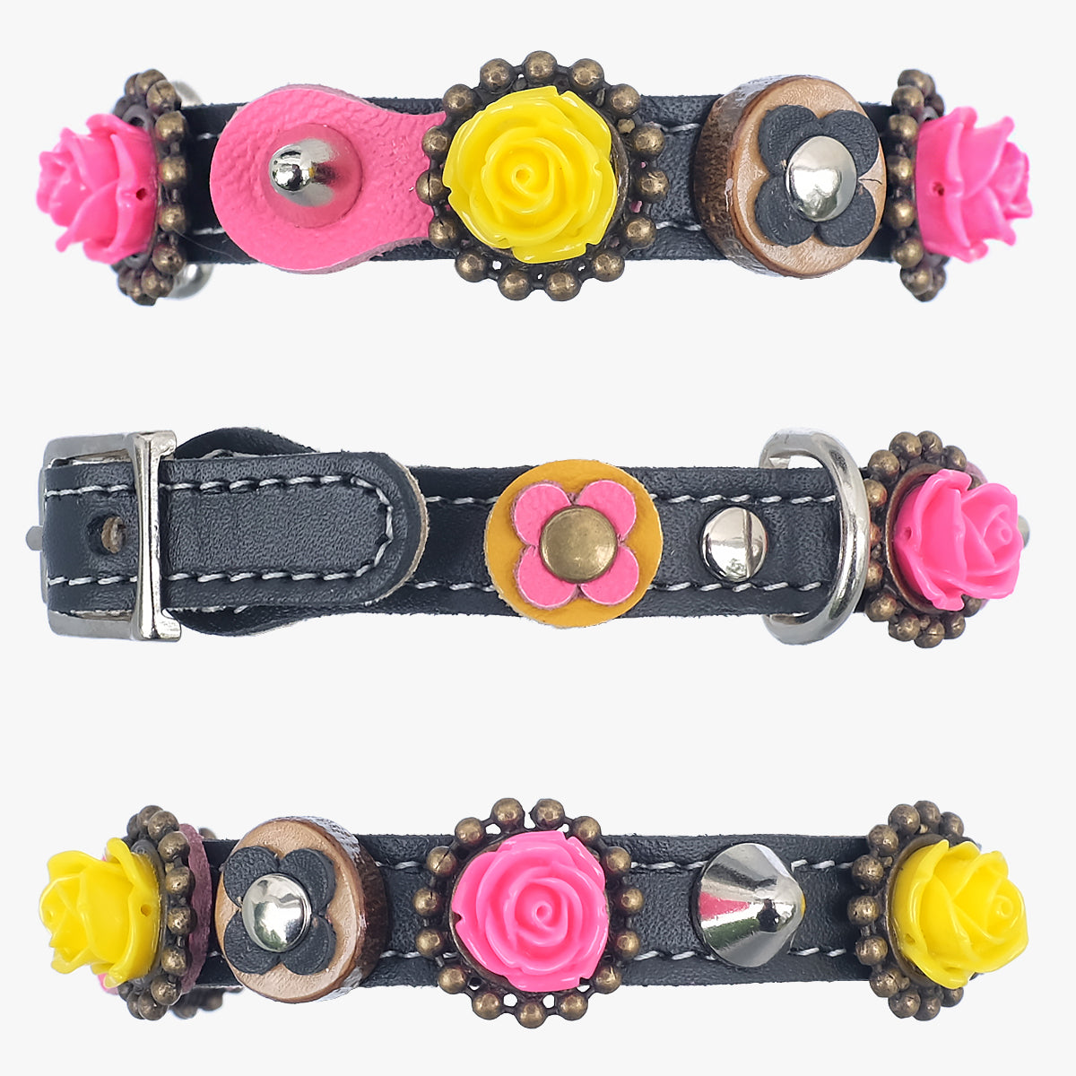 Superpipapo Luxury Leather Cat Collar, In Black With Spikes, Wood Disc, & 3D Roses In Pink & Yellow | at Made Moggie