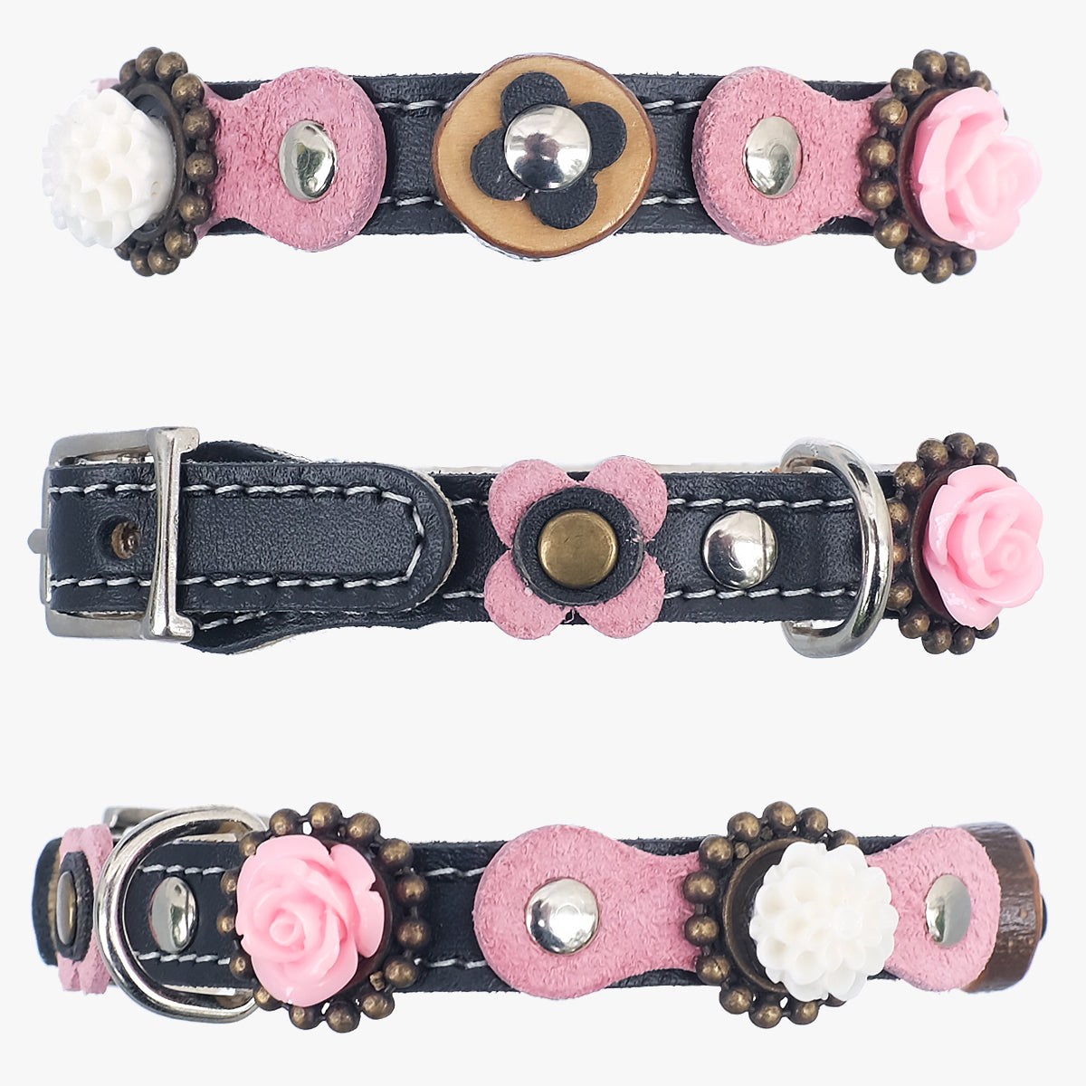 Superpipapo Luxury Leather Cat Collar, In Black With Wood Disc, 3D Roses In Pink & White, & Pink Patches | at Made Moggie