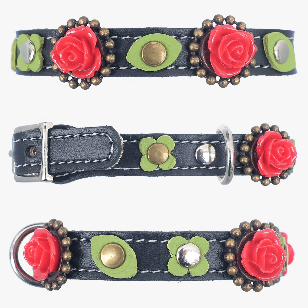 Superpipapo Luxury Leather Cat Collar, In Black With Red 3D Roses, & Green Flower Patches | at Made Moggie