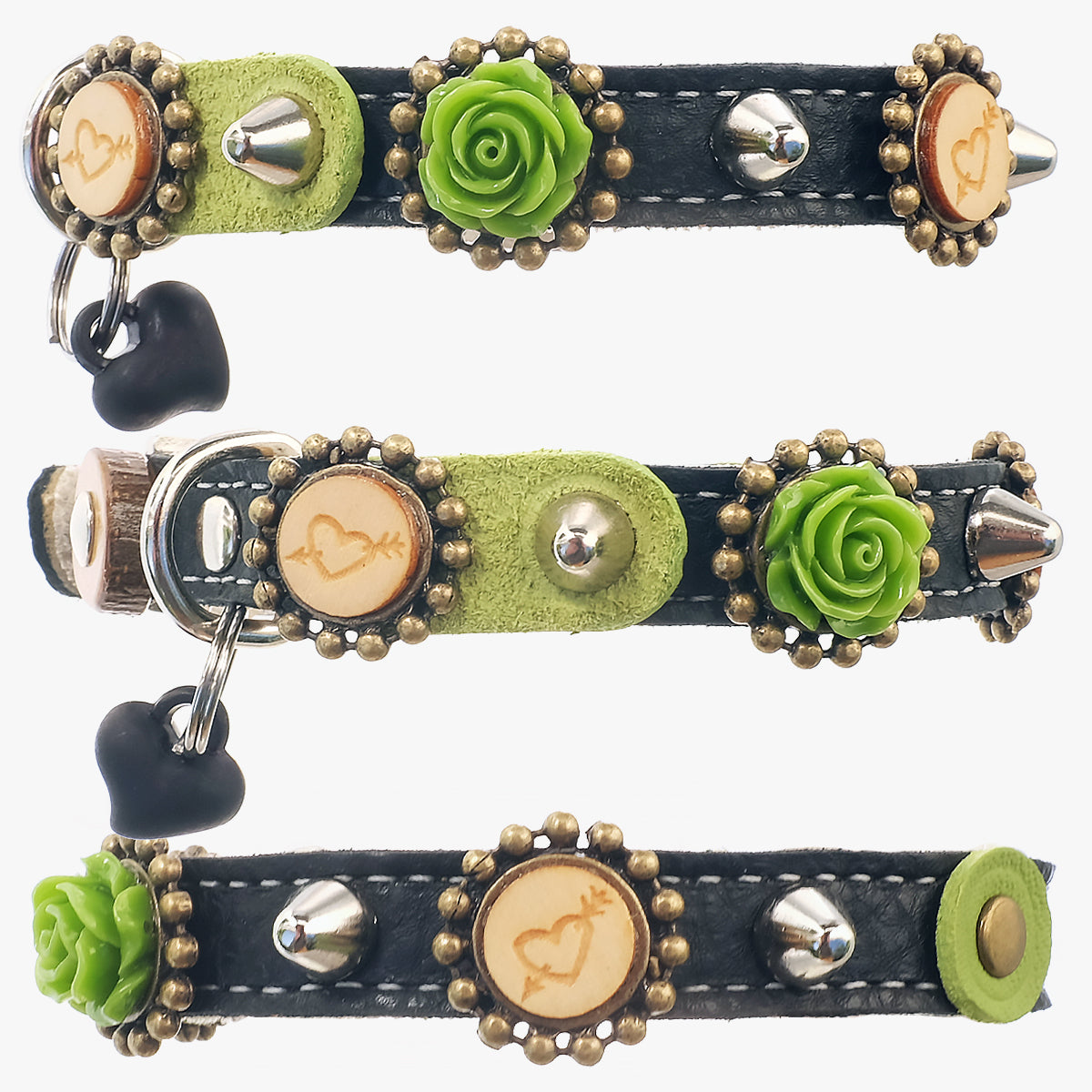 Superpipapo Leather Cat Collar, In Black With Green 3D Roses, Hearts, Patches & Wood Discs | at Made Moggie