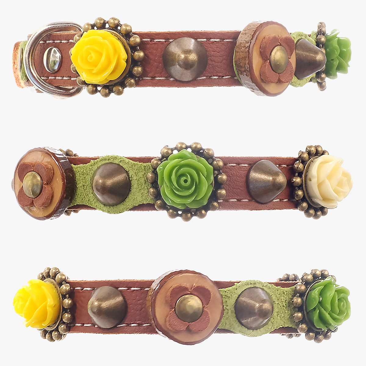 Superpipapo Luxury Leather Cat Collar, In Brown With Wood Discs, 3D Roses In Green & Yellow, & Patches | at Made Moggie