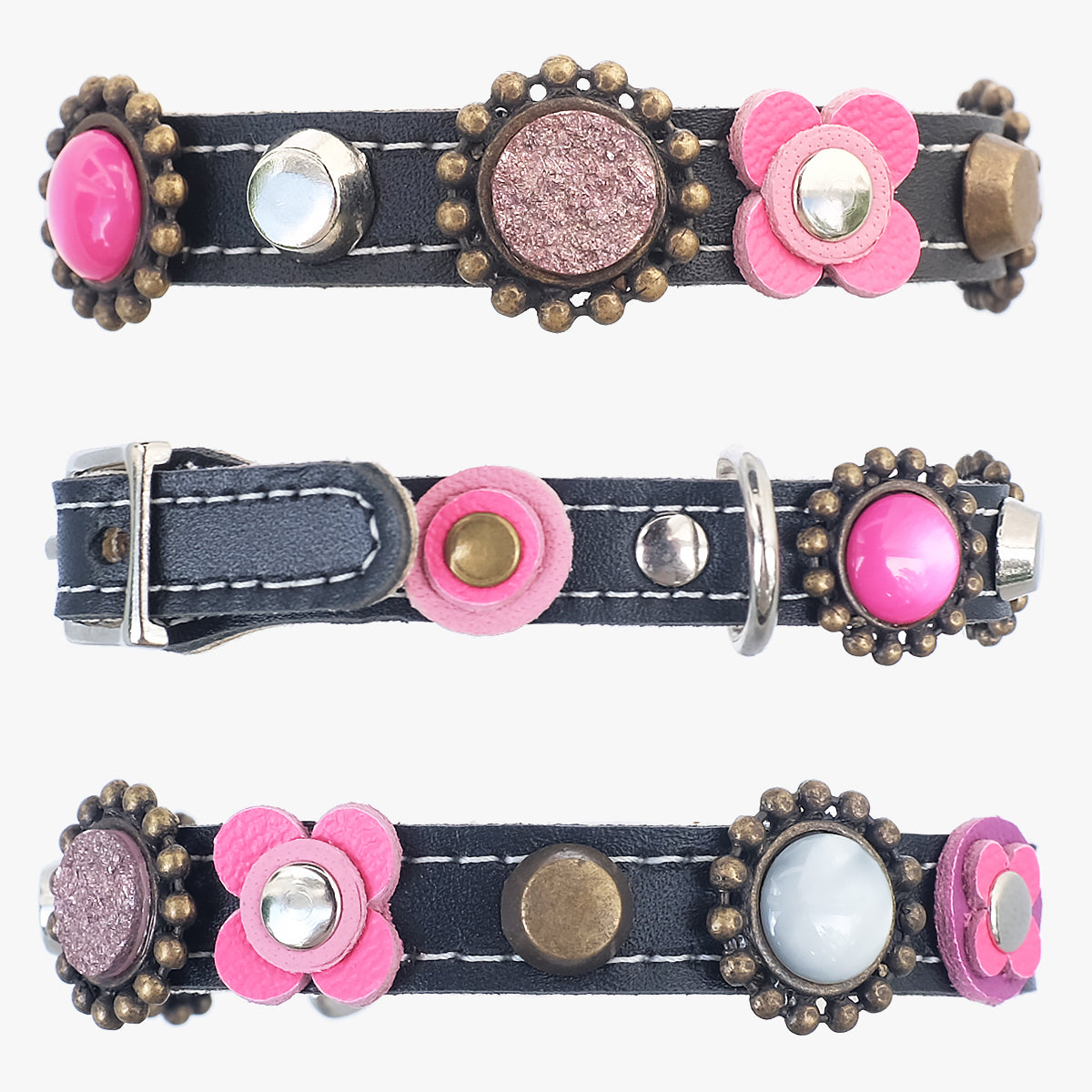 Superpipapo Luxury Leather Cat Collar, In Black With Pink Stones & Flower Patches | at Made Moggie