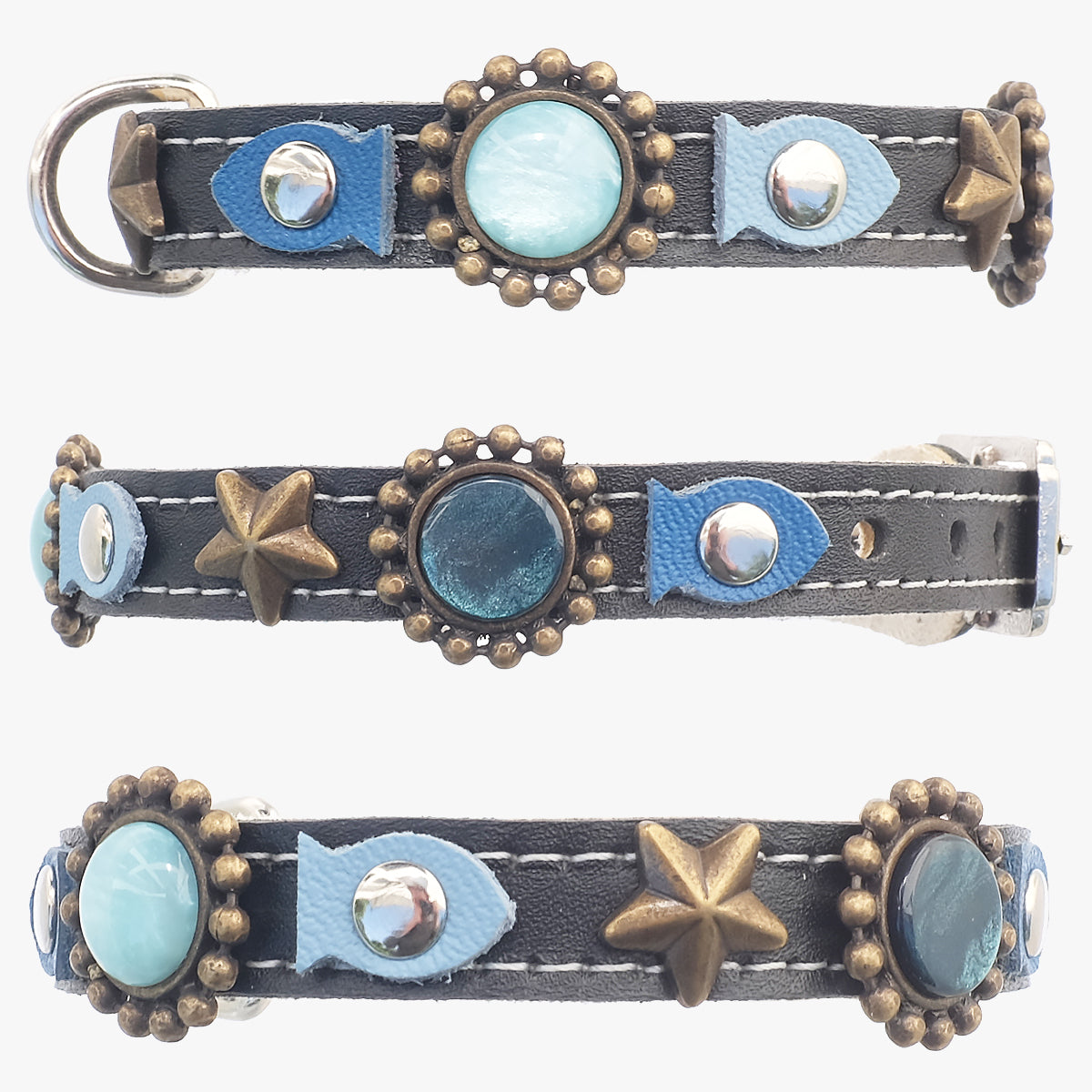 Superpipapo Black Leather Cat Collar, With Studs, Stars, Stones & Blue Fish-Shaped Patches | at Made Moggie