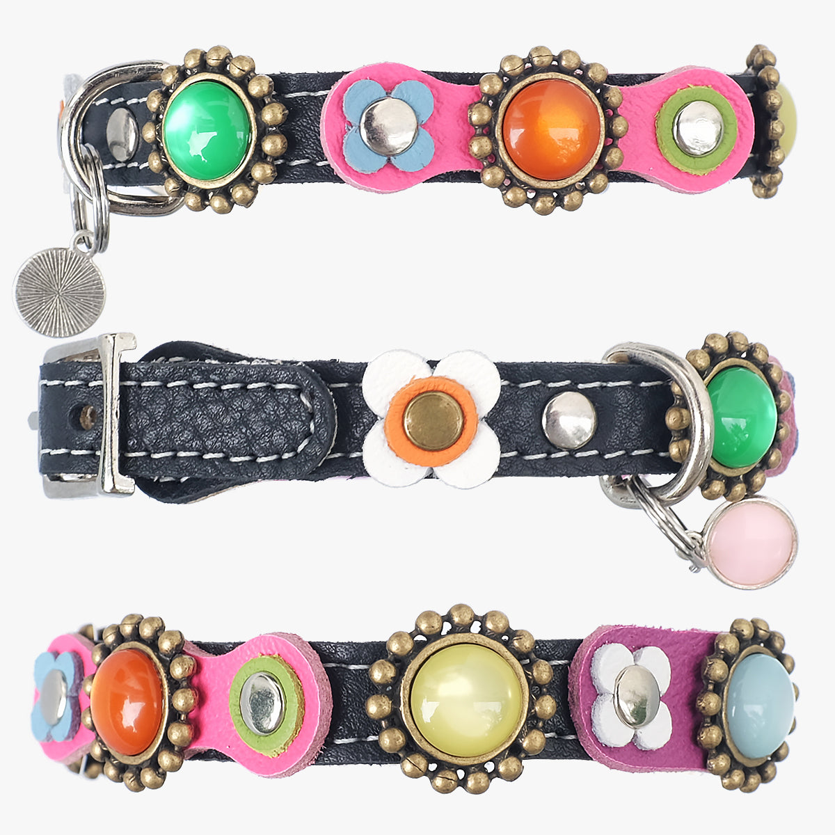 Superpipapo Luxury Leather Cat Collar, In Black With Stones, & Pink & Purple Flower Patches | at Made Moggie