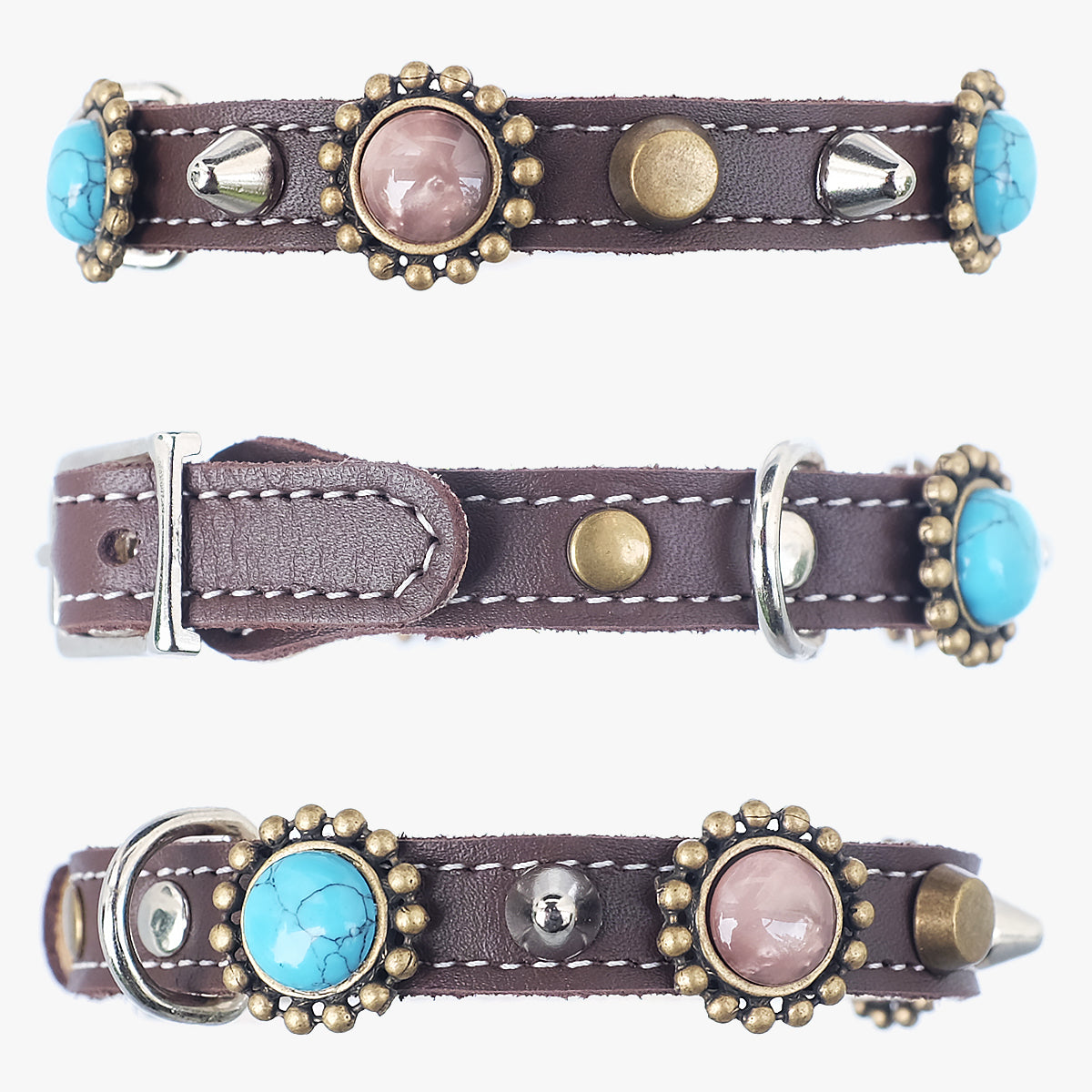 Superpipapo Luxury Brown Leather Cat Collar, With Studs, Spikes, & Blue Stones | at Made Moggie