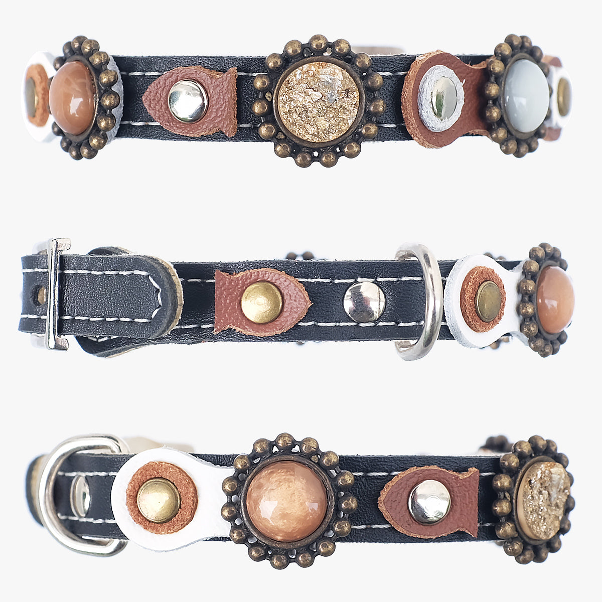Superpipapo Luxury Leather Cat Collar, In Black & Brown With Studs, Earth Stones & Fish-Shaped Patches | at Made Moggie