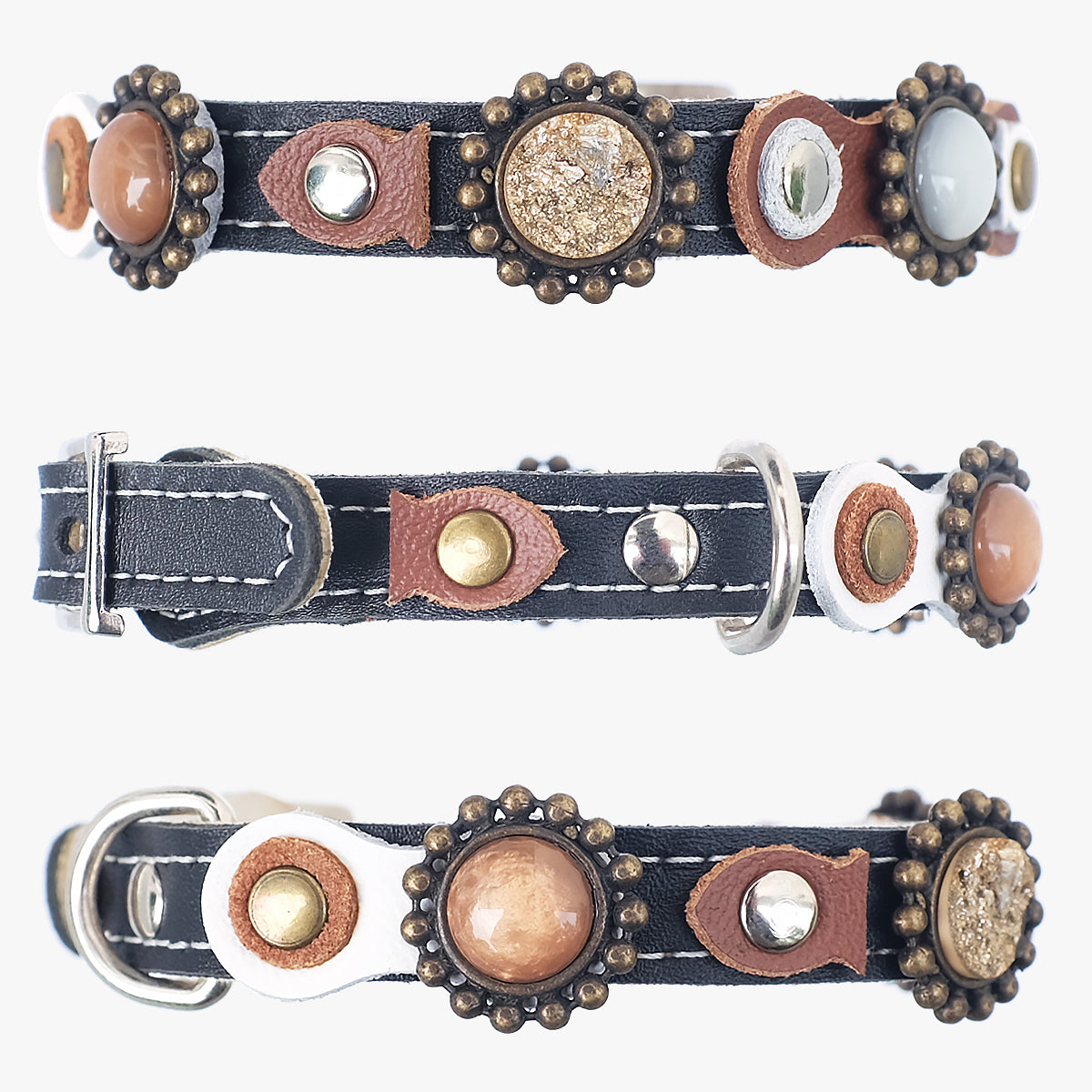 Superpipapo Luxury Leather Cat Collar, In Black & Brown With Studs, Stones & Fish-Shaped Patches | at Made Moggie