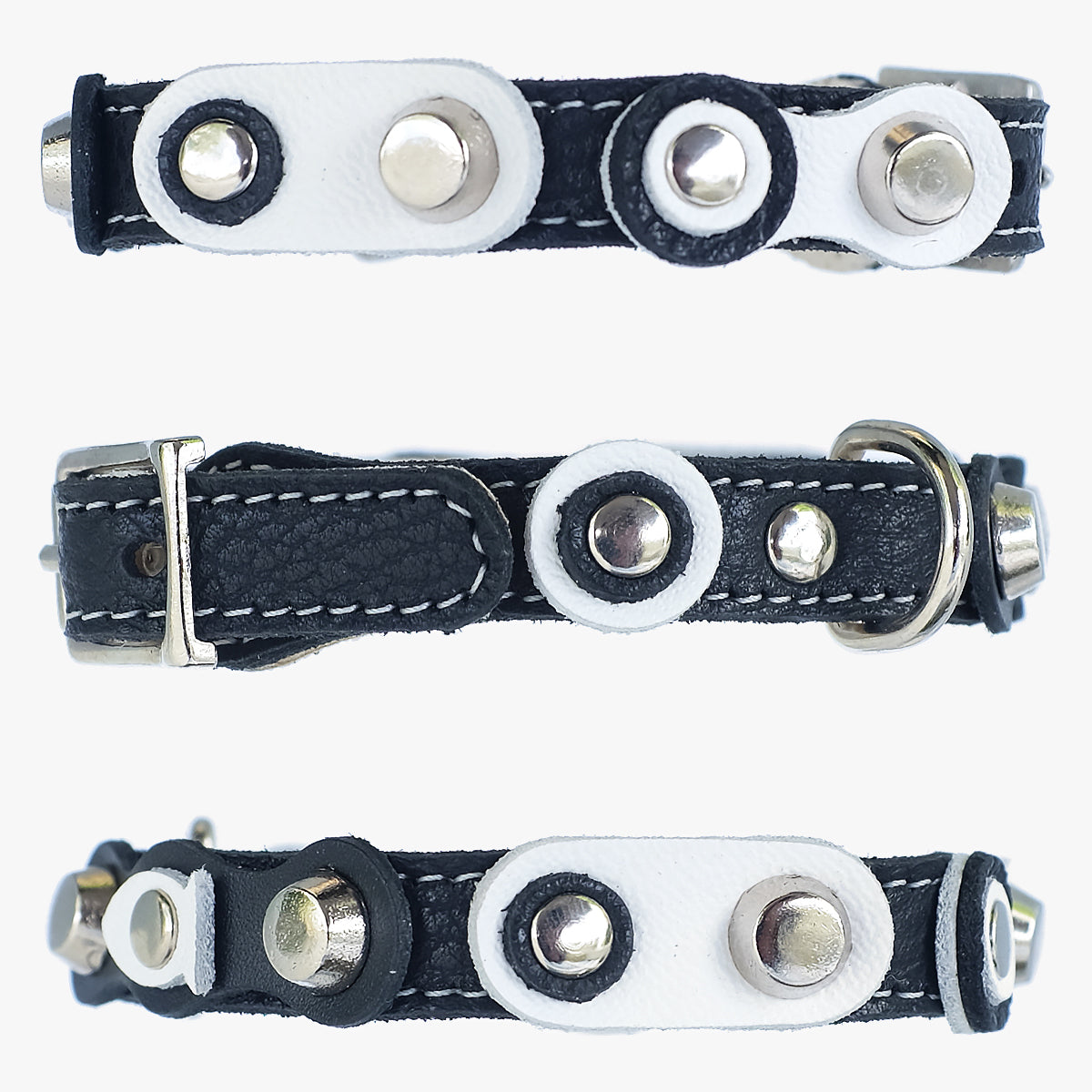 Superpipapo Buckle Leather Cat Collar, With Stars, Studs, & Black & White Leather Patches | at Made Moggie