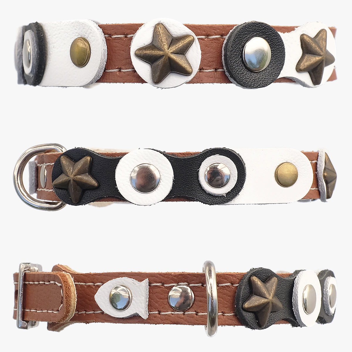 Superpipapo Luxury Leather Cat Collar, With Stars, Studs, & Black & White Patches | at Made Moggie