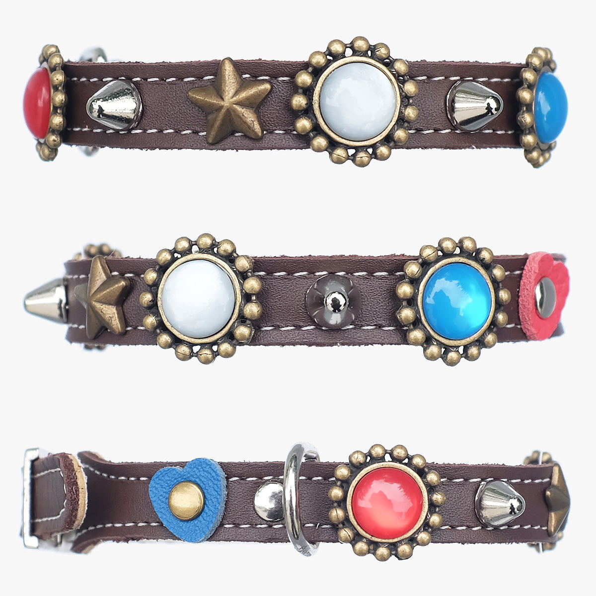Superpipapo Luxury Leather Cat Collar, In Brown With Spikes, & Earth Stones | at Made Moggie